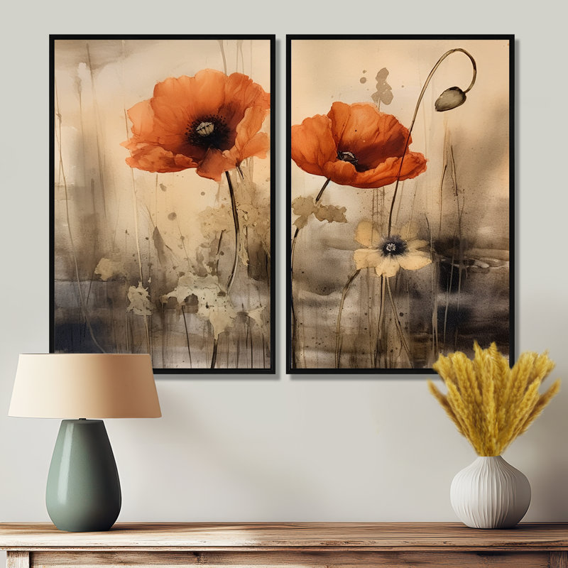 Brilliant Poppies I - Art floral floral mural 2 panneaux, H 36 po x l 48 po, Reproduction encadrée sans passe-partout, Noir