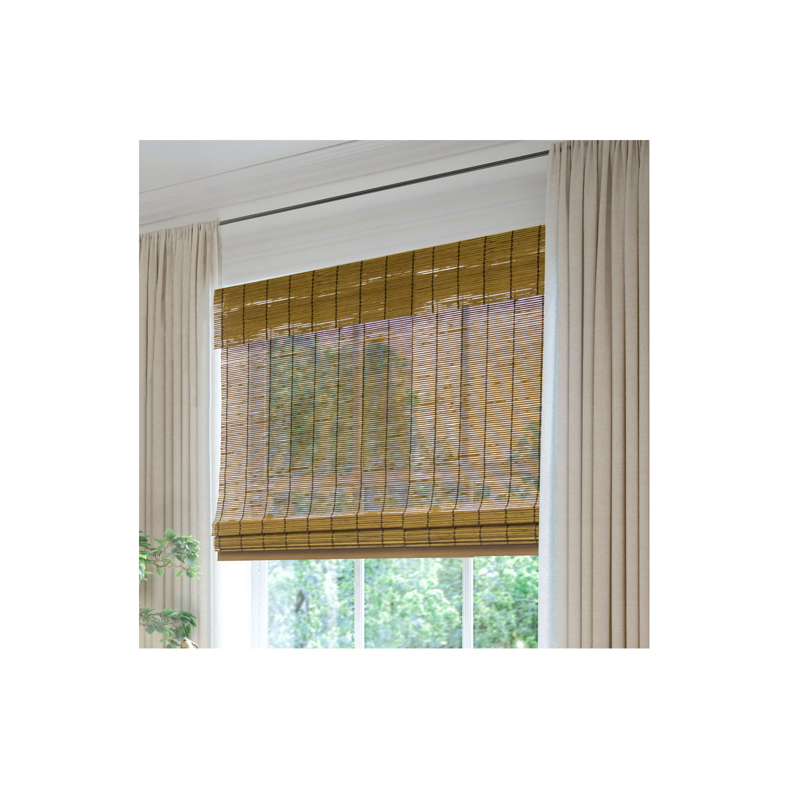 Cordless Light Filtering Woven Wood Bamboo Roman Shade with Valance, Brown, 27"W x 64"L