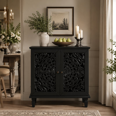 Vintage Hollow-Carved Accent Cabinet, 2-Door Display Storage Sideboard with Symmetrical Floral Design, Adjustable Shelf and Solid Wood Legs for Living Room Entryway