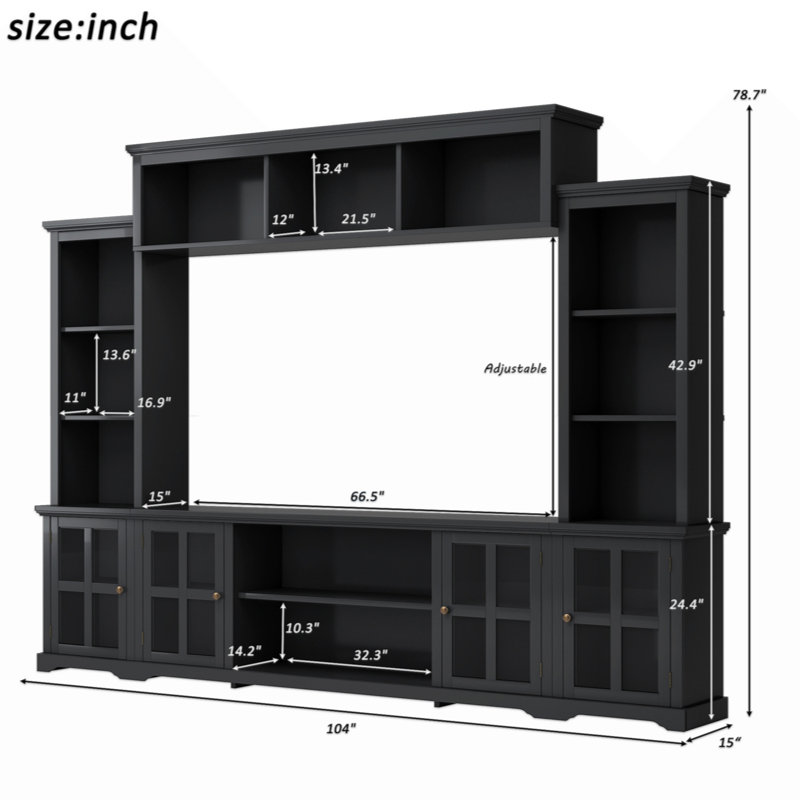 ON-TREND Minimalism  Entertainment Wall Unit With Bridge,  TV Console Table  Tvs Up To 70", Multifunctional TV Stand With Tempered Glass Door,