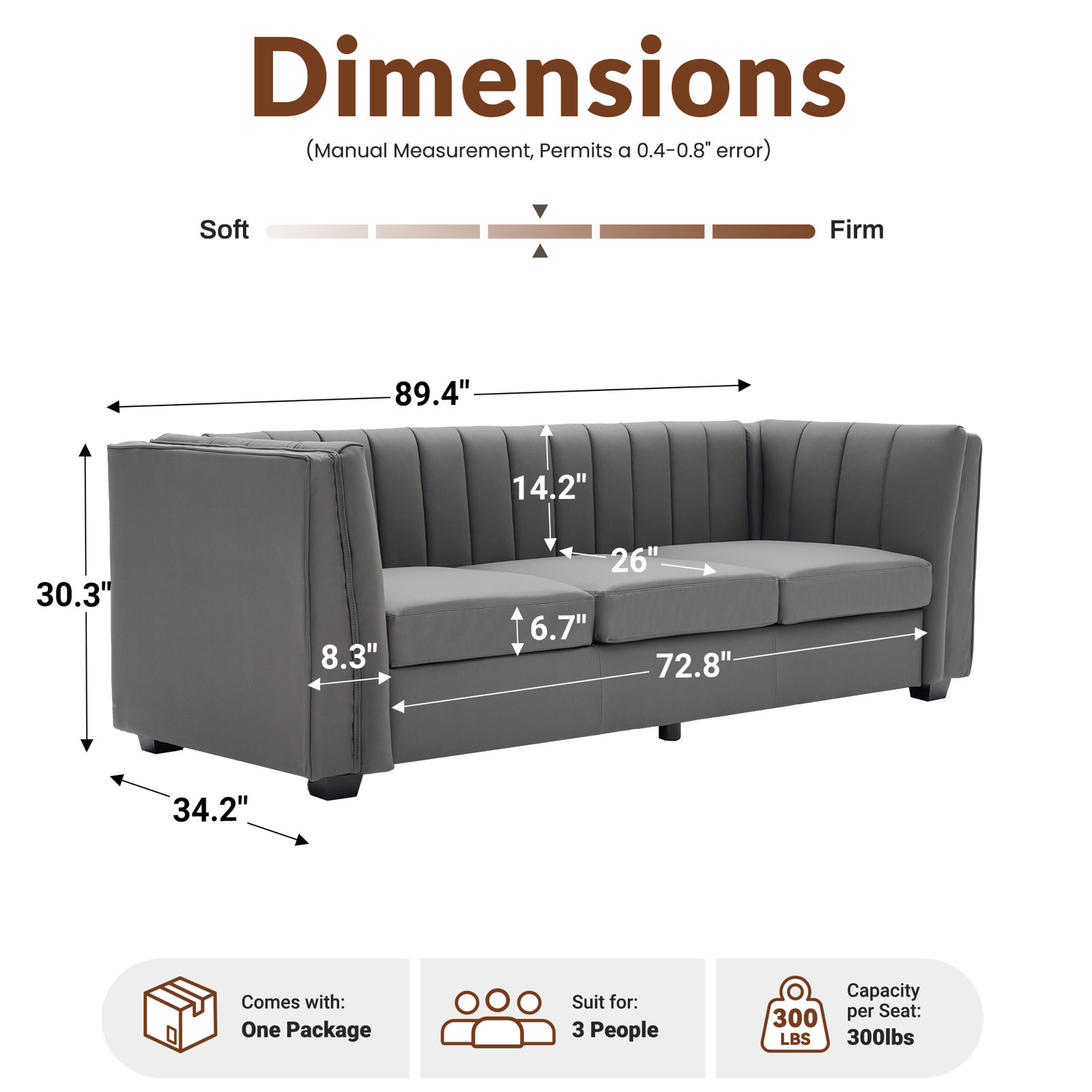 Allard Velvet Living Room Sofa, Gray Faux Leather