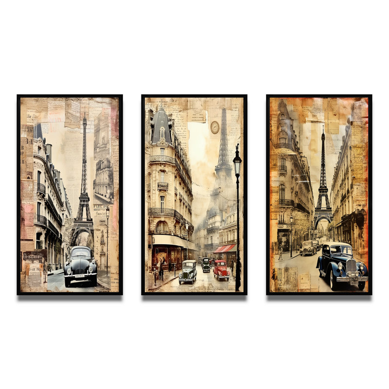 «Paris Nostalgia Vintage Collage III», 3 pièces, H 20 po x l 36 po, Cadre flottant noir