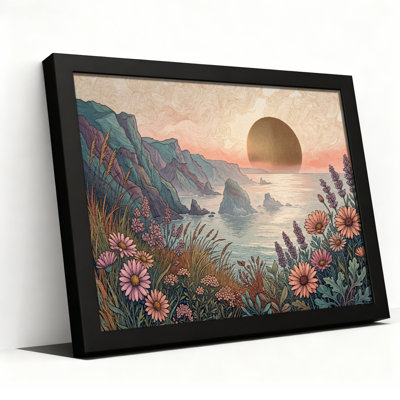 Toile noire encadrée en bois noir pour salon, chambre à coucher, bureau ou vestibule - décoration murale décorative avec paysage coucher de soleil