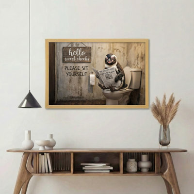 Pingouin lisant le journal sur la toilette avec Hello Sweet Cheek, signe sur toile tendue, reproduction d'art sur toile