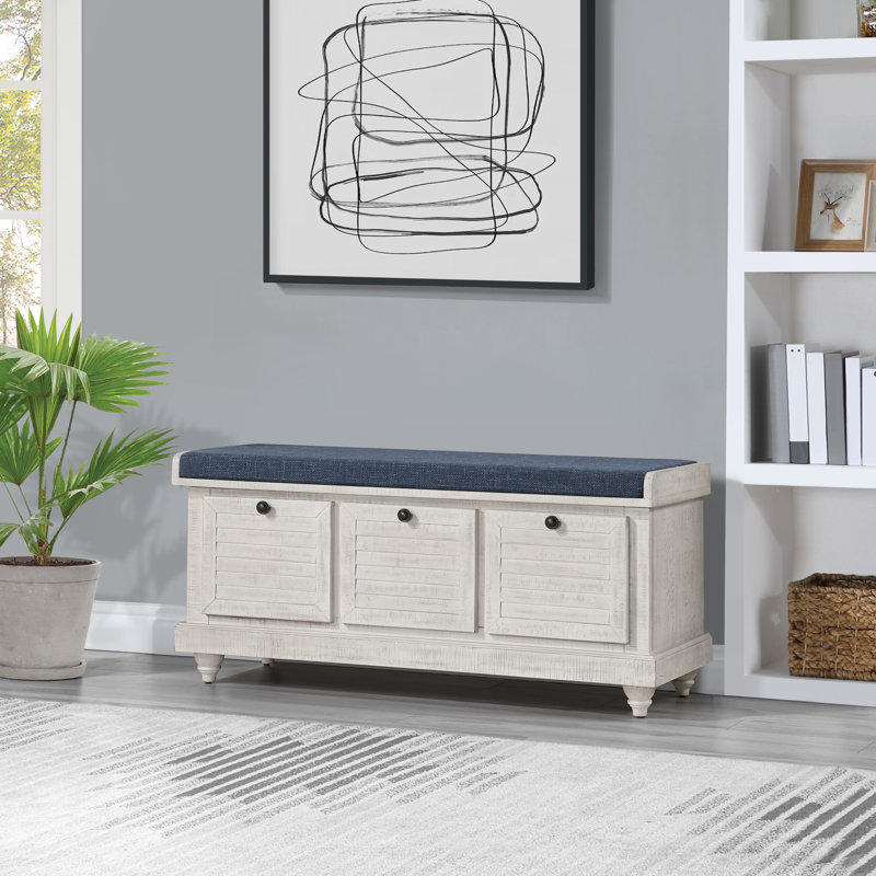 Banc de rangement à couvercle rabattable Almira, Blanc, Bleu marine