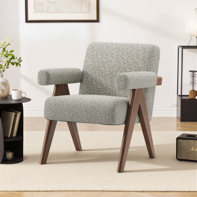 Modern Linen Upholstered Accent ArmChair with Solid Wood Legs and Padded Armrests