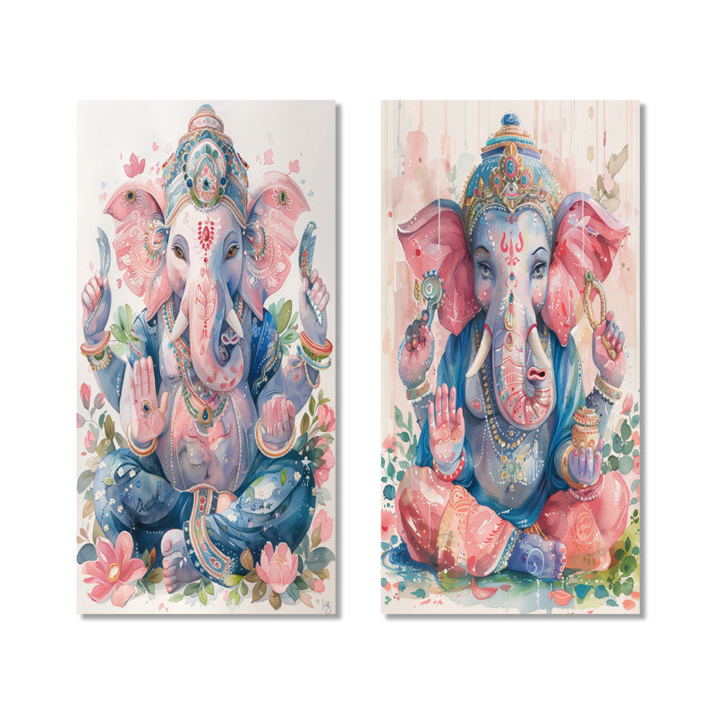 Rose, bleu, Inde, Ganesha I, 2 pièces d'art mural en métal, 32" H x 32" W