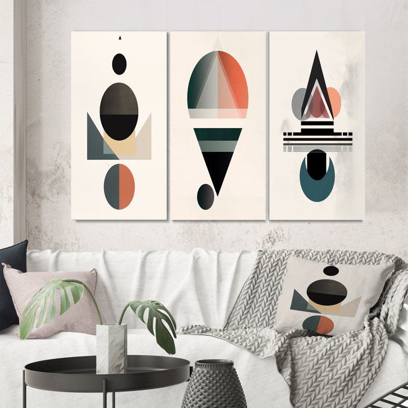 «Visionary Retro Moon Geometric Minimalisme IV», art abstrait sur toile transitionnel abstrait 3 pièces, Toile tendue