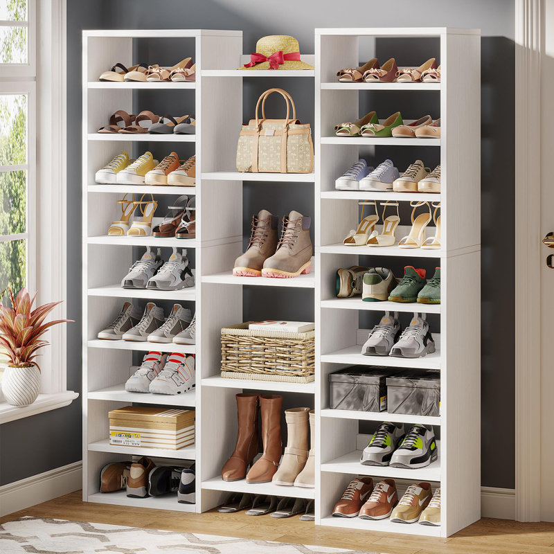 14-Tier Shoe Rack, White Shoe Storage Cabinet with 22 Open Cubbies, 46 Pairs Wide Entryway Shelf for Shoes, White