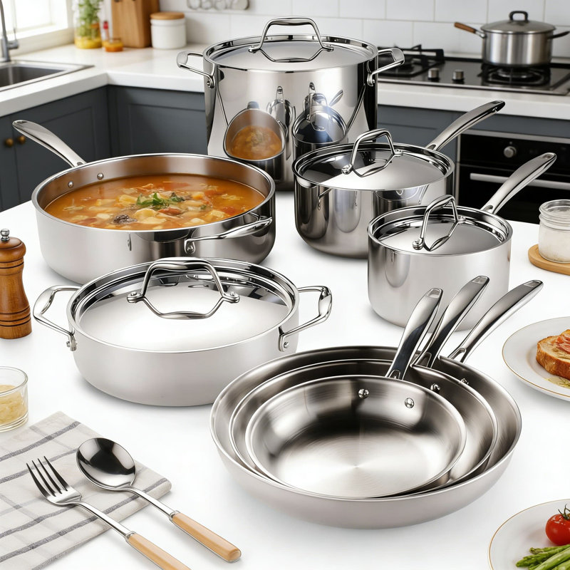 Batterie de cuisine 13 pièces en acier inoxydable avec couvercle Signature Tri-Ply | Prêt pour l'induction, allant au four jusqu'à 500 ° F | Ensemble de casseroles et casseroles certifiées NSF et lavables au lave-vaisselle