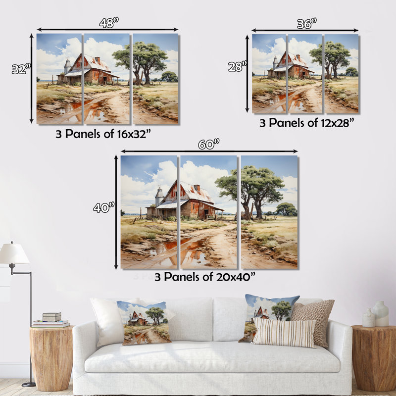 «Farmhouse Patterns An I on Canvas», reproduction de 3 pièces, H 40 po x l 60 po x P 1 po