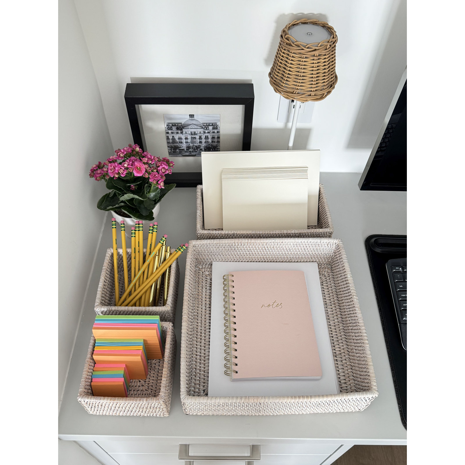 Bohi La Jolla Rattan 4-Piece Desk Organizer, White