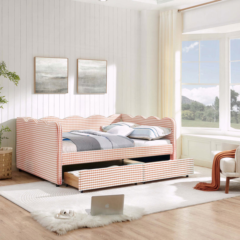 Gingham Daybed Storage Drawers USB Port Wave Shaped, Full , Pink