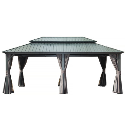 Pavillon de jardin à toit rigide de 12 pi x 20 pi, pavillon en métal et aluminium avec double toit en acier galvanisé, rideau et filet, pavillon de pavillon permanent pour patio, cour arrière, terrasse, pelouse