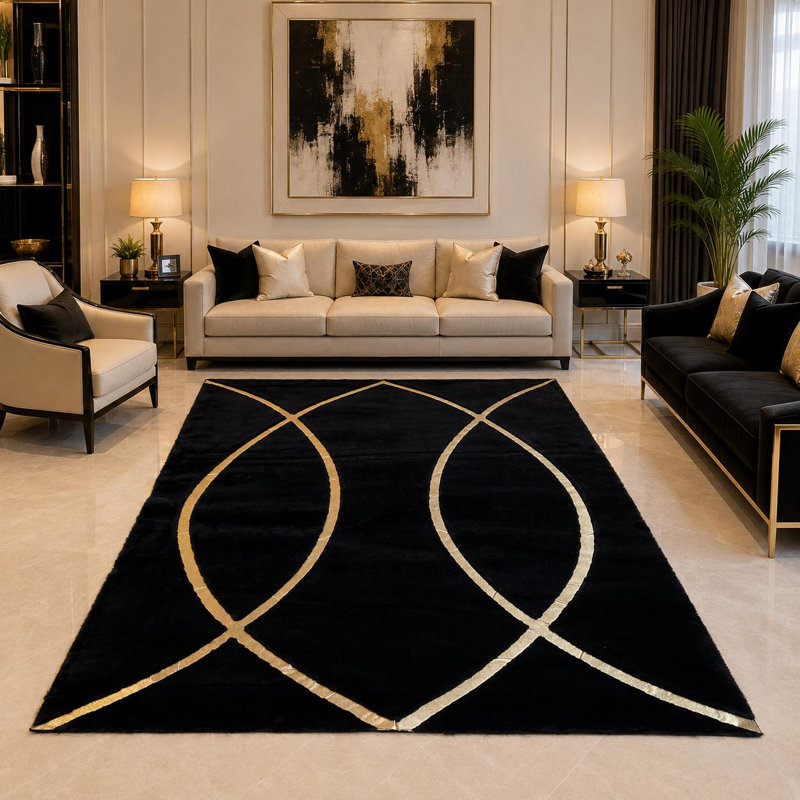 Tapis noir et noir à motif géométrique moelleux, tapis en fausse fourrure moderne, 6 x 9 pi