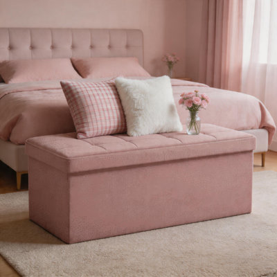 Pink Large Foldable Storage Ottoman, Padded Entryway Bench, Bed End Stool, With Storage Box, For Bedroom Living Room