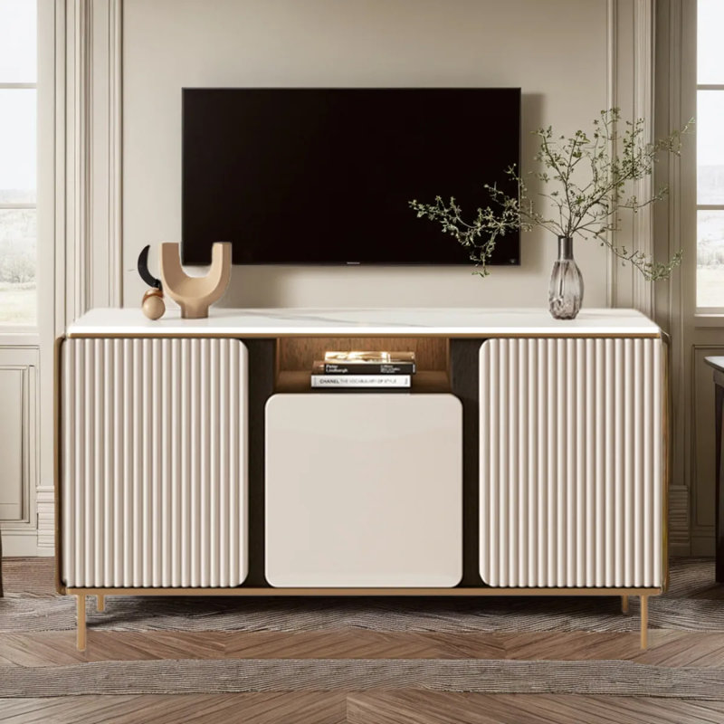 Meuble télé moderne blanc crème avec panneaux en roseaux et rangement ouvert combiné, H 31,5 po x l 39,4 po x P 11,81 po