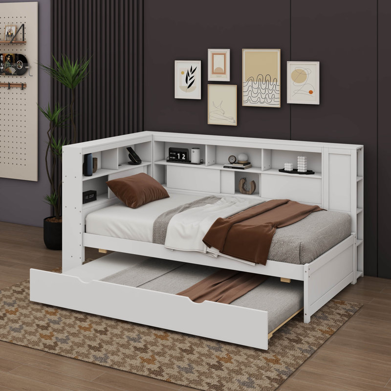 Lit de jour en bois polyvalent avec étagères de chargement USB et gigogne extensible, Blanc