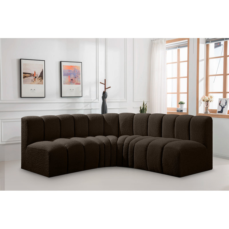 Hirah Upholstered Curved Sectional Reversible, Brown Boucle Fabric