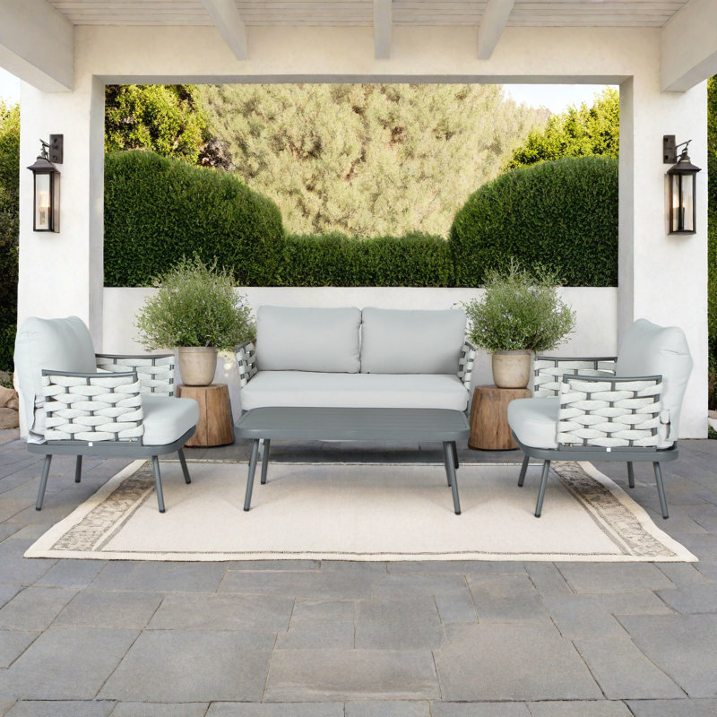 Lark Outdoor 4-Piece Woven Rope Conversation Set With Metal Frame & Cushions, Light Gray Cushion/Gray Frame