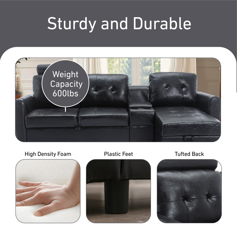 Upholstered L-Shaped Sectional Right Hand Facing, Black  Genuine Leather