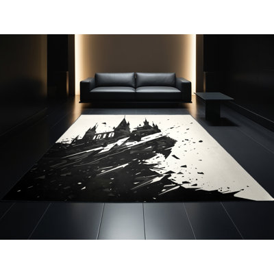 Tapis beige abstrait lavable à la machine en mailles de couleur chatain abstrait et noir