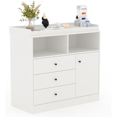 Commode pour bébé avec plateau à langer amovible, table à langer en bois à 3 tiroirs avec armoire et 2 tablettes ouvertes - Rangement sécuritaire pour la chambre à coucher