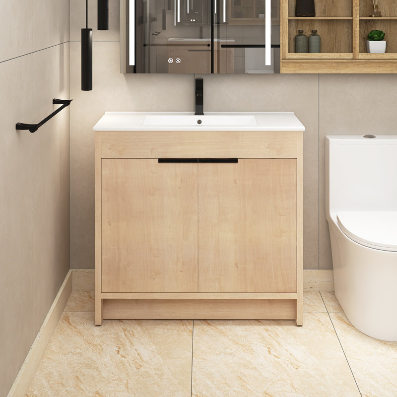 Meuble-lavabo simple 36 po avec plateau en céramique Navay, Chêne clair