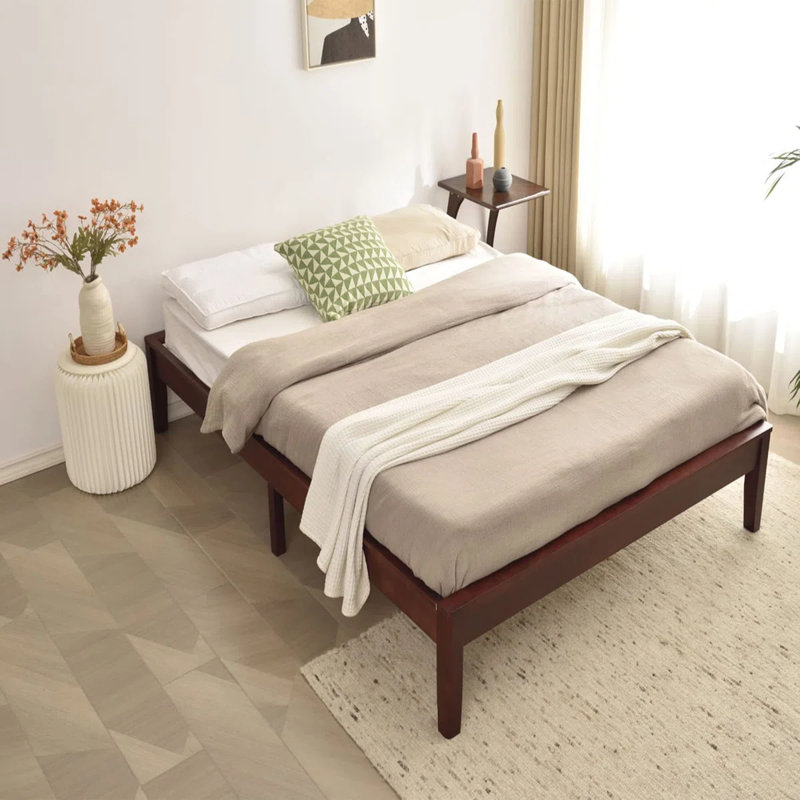Solid Pine Wood Platform Bed Frame, Mahogany, Queen