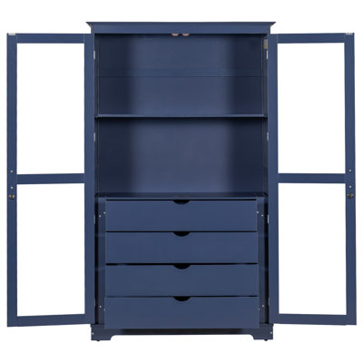 TOPMAX 44.7X20x75inch Kitchen Pantry, Freestanding Kitchen Storage Cabinet Display Cabinet With Glass Doors And 4 Built-In Drawers For Living Room, Home Office, Blue