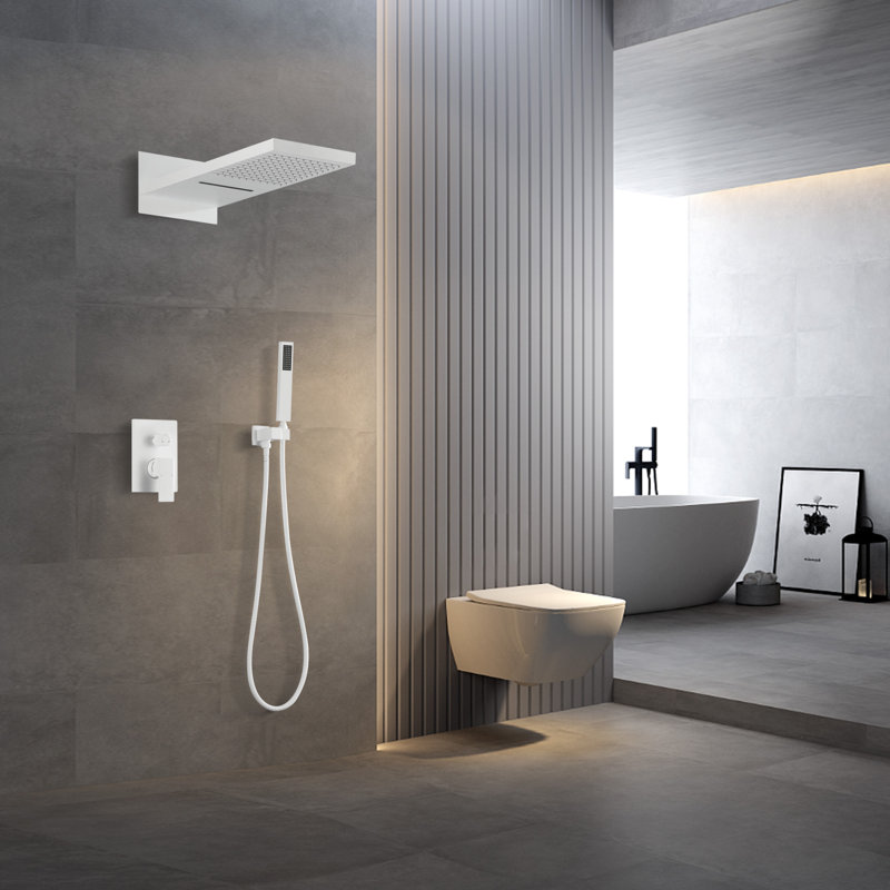 Système de douche à pluie, systèmes de douche muraux avec douche à pluie et douchette à main, Blanc