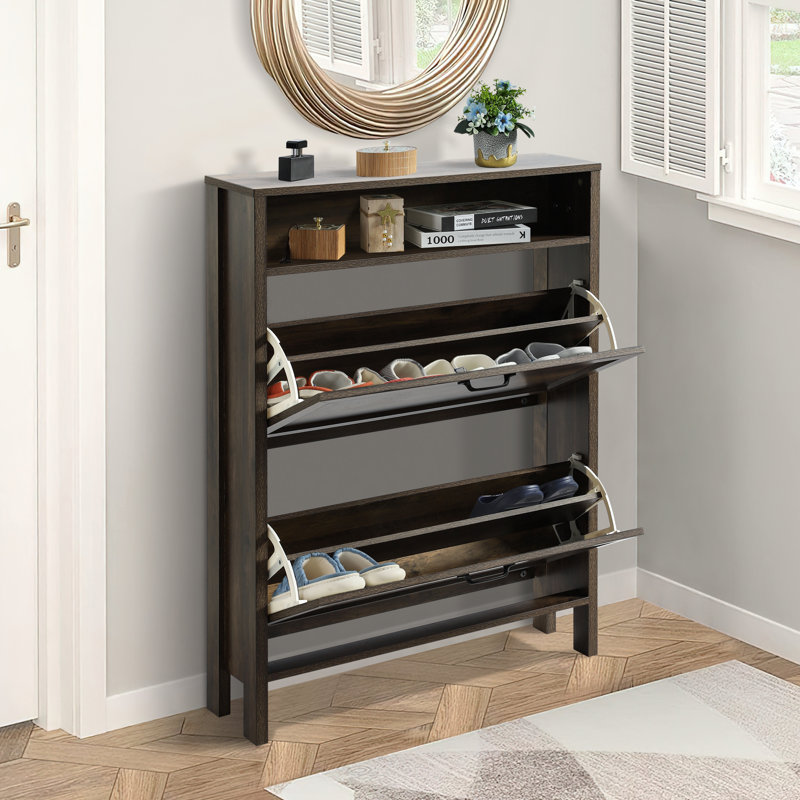 Slim Shoe Storage Cabinet With 2 Flip Drawers, Hidden Shoe Storage, Narrow Cabinet With 2 Doors, Walnut