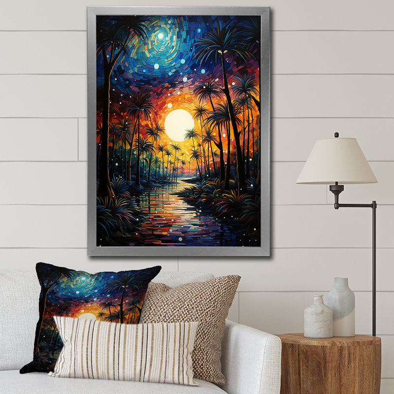 «Yaresi Pointillism Sunset Palm Trees II», reproduction sur toile, H 20 po x l 12 po x P 1 po, Cadre photo argenté