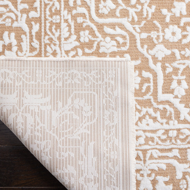 Tapis rose / ivoire en polyester tissé à la machine Carnella, Rectangle 8 pi x 10 pi
