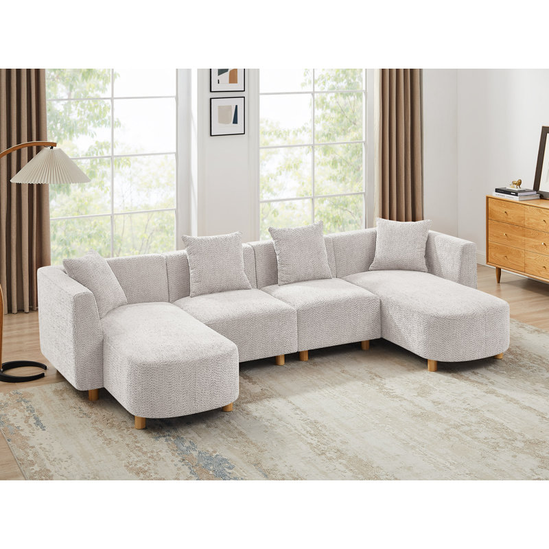 113’’ U-Shape Upholstered Sectional Sofa Couch For Modern Living, Light Khaki Polyester