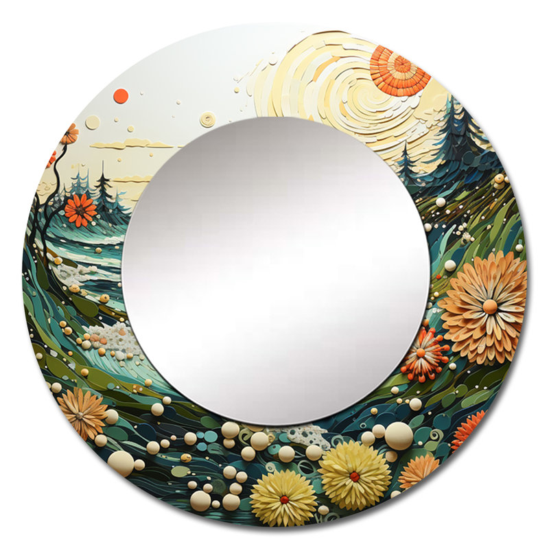 Plage, marée, symphonie, pointillisme I - grand miroir de plage, décor de miroir mural rond unique, impression sur métal