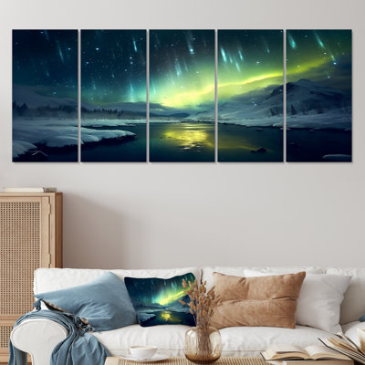 «Green Northern Lights River Snow Landscape - Aurora Borealis», ensemble de 5 pièces d'art mural