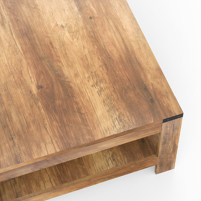 Zara Square Coffee Table With 2-tier Storage Shelves, Oak Wood