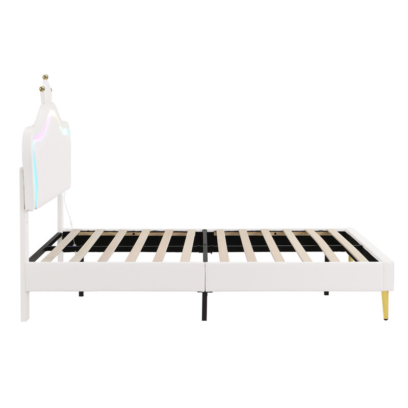 Upholstered Bed With Led Adjustable Crown Shape Headboard, Single (3'), White