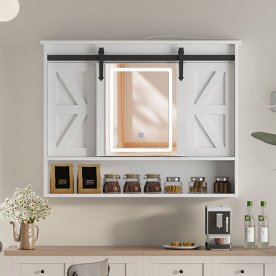 Armoire à pharmacie rustique avec lumières DEL et porte de grange coulissante, rangement mural