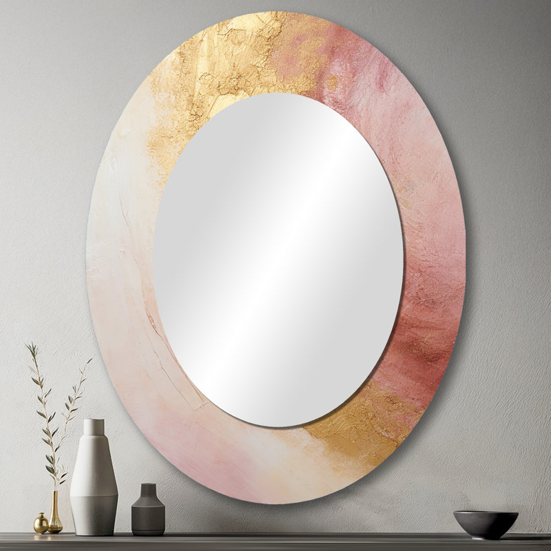 Gold Pink Desert Mirage Spiral I - Abstract Oval Decorative Mirror On Metal, 43" x 33"