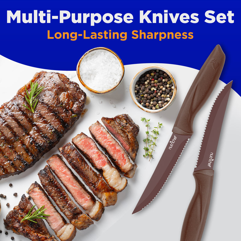NutriChef 8-Piece Brown Stainless Steel Steak Knife Set
