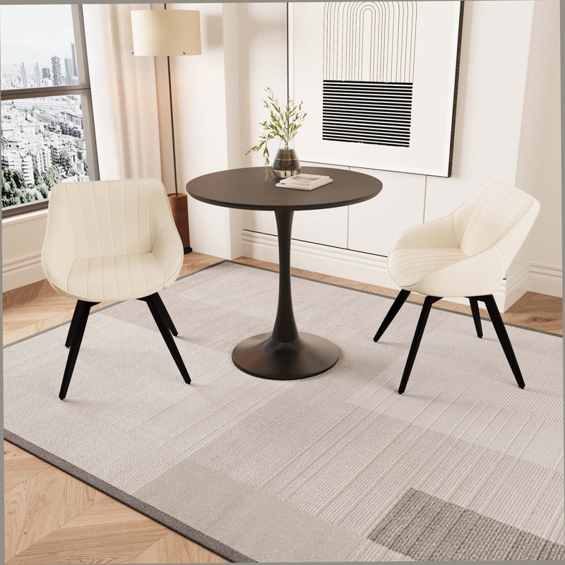 Ensemble de table de salle à manger 31,5 "en bois aggloméré noir, table de salle à manger Tulip et 2 chaises décoratives en cuir artificiel avec pieds en métal noir, ensemble de table de salle à manger et de chaises pour 2 à 4 personnes