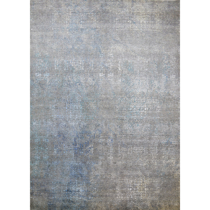 Tapis gris et turquoise noué à la main de haute qualité, Rectangle 10 pi x 14 pi