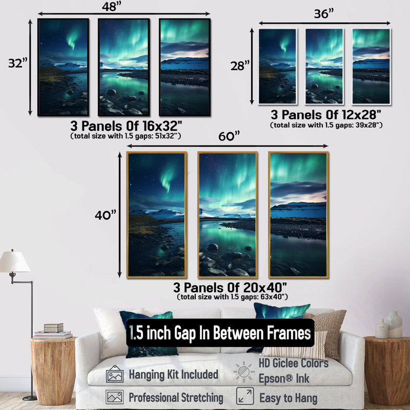 «Islandais Borealis Winters Aurora I», art mural Aurore boréale, H 28 po x l 36 po x P 1 po, Cadre flottant noir