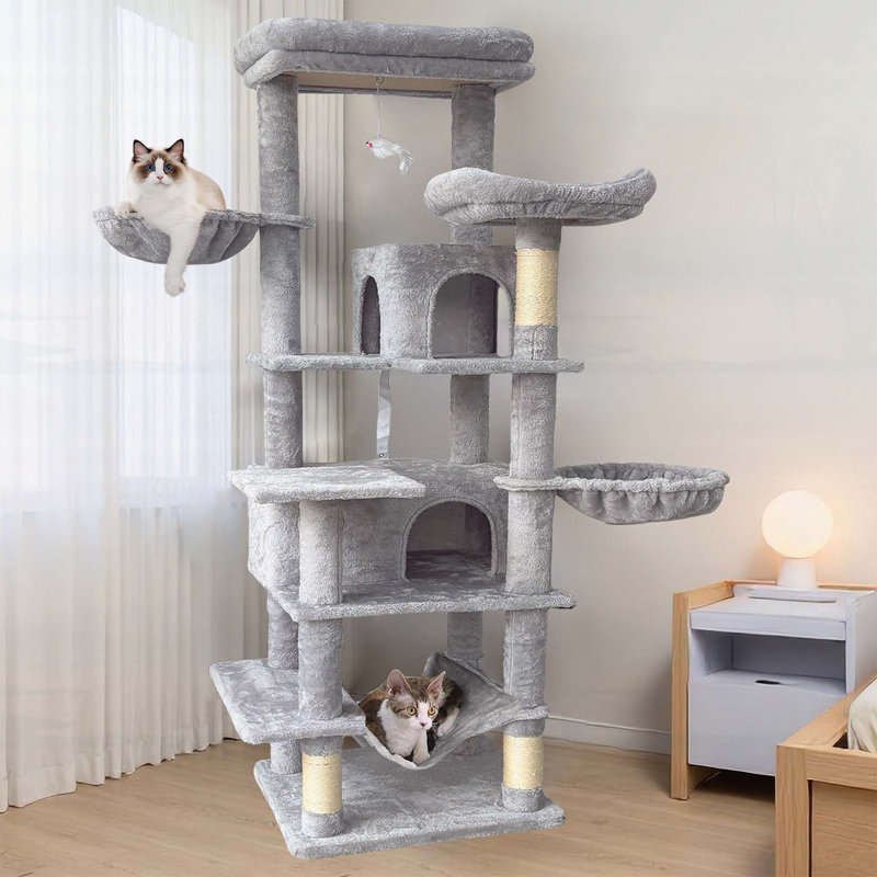 Arbre à chat de 68 po de hauteur à plusieurs niveaux avec hamacs, panier suspendu, grotte, coussins amovibles et poteaux à griffer - Tour moelleuse pour chats d'intérieur, parfaite pour plusieurs chats