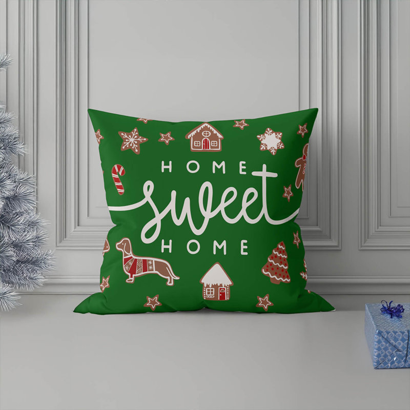 Coussin décoratif Gingerbread Home Sweet Home, Carré 16 po, Vert