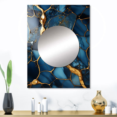 Bekasi or et saphir bleu marbre mosaïque IV - grand miroir mural abstrait, miroir décoratif doré, art imprimé en métal