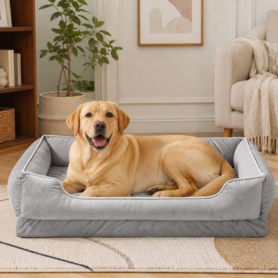 Grey orthopedic sofa for medium-to-large dogs and cats, made with memory foam, a top-grade Dutch velvet fabric surface, removable washable cover, and nonskid bottom for crate use.