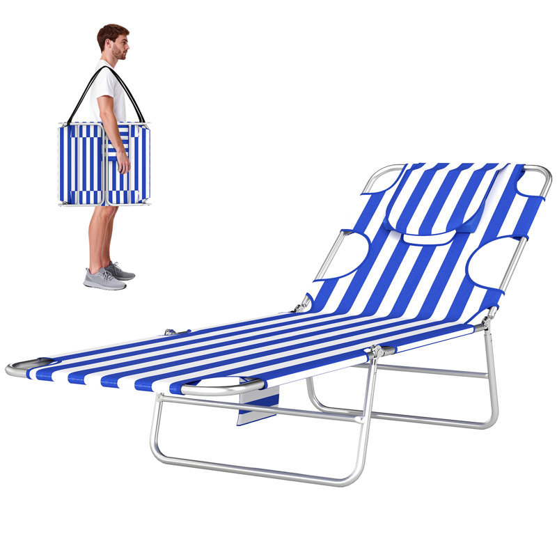 Chaise de bronzage avec trou pour le visage, chaise longue d'extérieur réglable à 5 niveaux avec coussin pour plage, piscine, rayures bleues